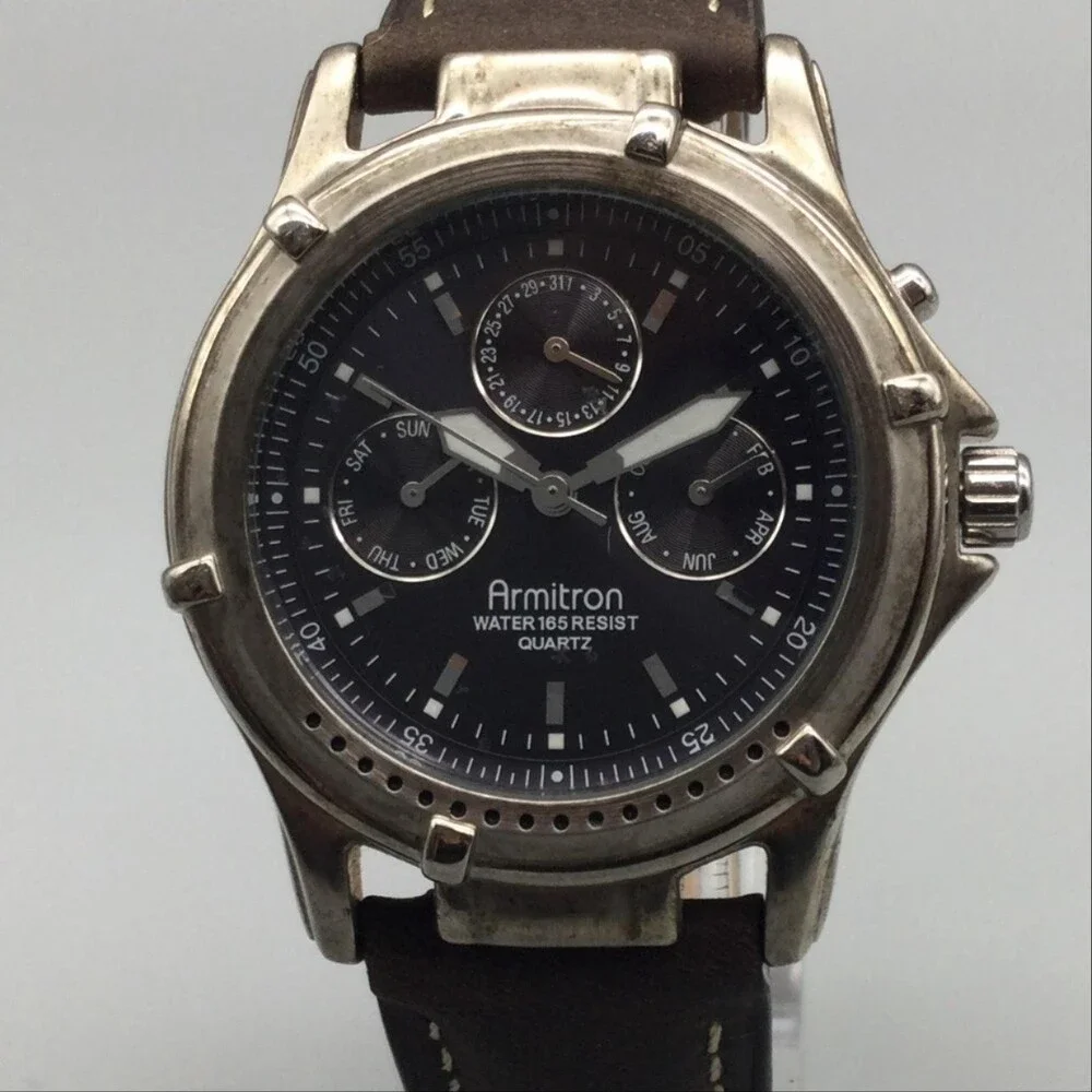 Armitron Mens Watch 38mm Black Dial Brown Leather Triple Calendar New Battery